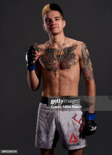 Benito Lopez poses for a post fight portrait backstage during the UFC Fight Night event inside Save Mart Center on December 9, 2017 in Fresno,...