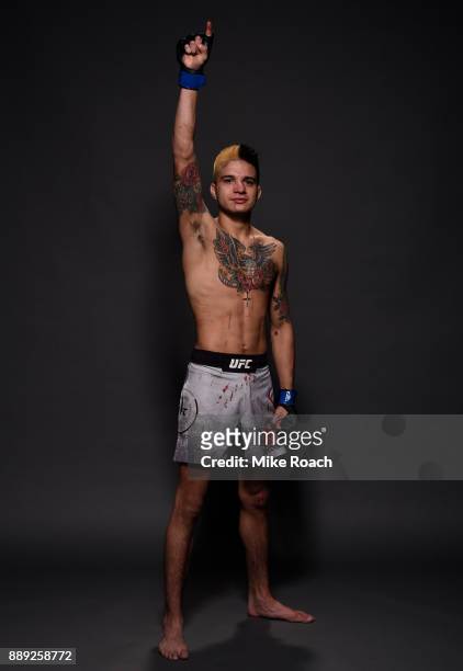 Benito Lopez poses for a post fight portrait backstage during the UFC Fight Night event inside Save Mart Center on December 9, 2017 in Fresno,...