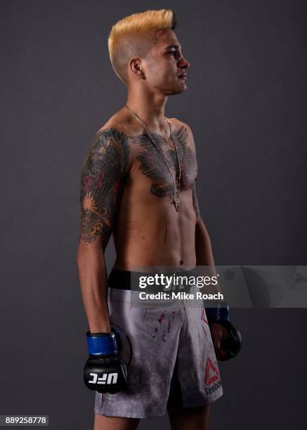 Benito Lopez poses for a post fight portrait backstage during the UFC Fight Night event inside Save Mart Center on December 9, 2017 in Fresno,...