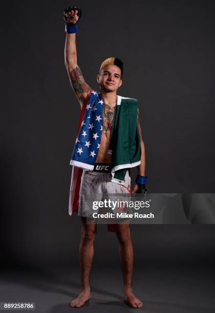 Benito Lopez poses for a post fight portrait backstage during the UFC Fight Night event inside Save Mart Center on December 9, 2017 in Fresno,...