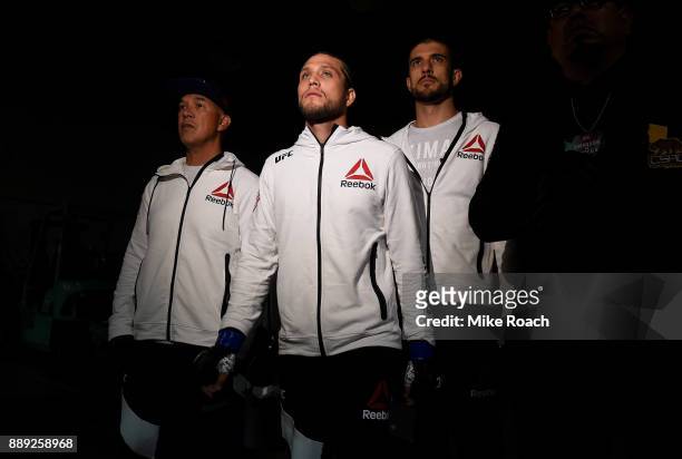 Brian Ortega prepares to enter the Octagon before facing Cub Swanson in their featherweight bout during the UFC Fight Night event inside Save Mart...
