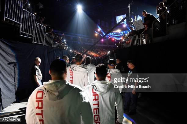 Brian Ortega prepares to enter the Octagon before facing Cub Swanson in their featherweight bout during the UFC Fight Night event inside Save Mart...