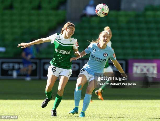 Rhali Dobson of Melbourne City contests the ball during the round seven W-League match between Melbourne City and Canberra United at AAMI Park on...