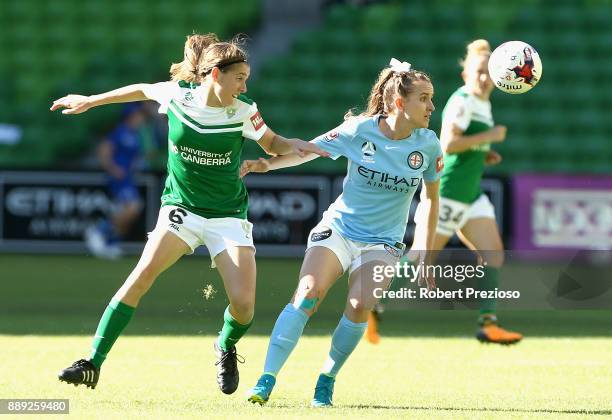 Rhali Dobson of Melbourne City contests the ball during the round seven W-League match between Melbourne City and Canberra United at AAMI Park on...