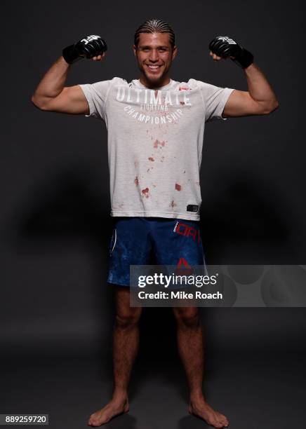 Brian Ortega poses for a post fight portrait backstage during the UFC Fight Night event inside Save Mart Center on December 9, 2017 in Fresno,...