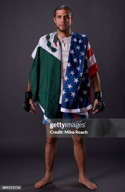 Brian Ortega poses for a post fight portrait backstage during the UFC Fight Night event inside Save Mart Center on December 9, 2017 in Fresno,...