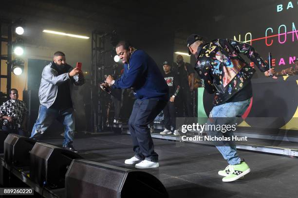 Khaled, Busta Rhymes and Swizz Beatz perform onstage during BACARDI, Swizz Beatz and The Dean Collection bring NO COMMISSION back to Miami to...