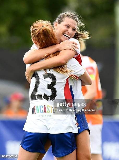Arin Gilliland of the Jets celebrates scoring a goal during the round seven W-League match between the Brisbane Roar and the Newcastle jets at AJ...