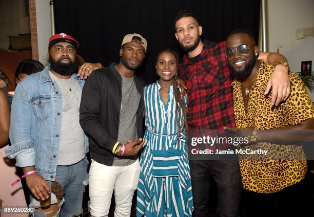 Guest, Broderick Hunter, Issa Rae, Sarunas J. Jackson and Shamier Anderson pose at BACARDI, Swizz Beatz and The Dean Collection bring NO COMMISSION...