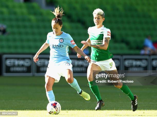 Lauren Barnes of Melbourne City passes the ball during the round seven W-League match between Melbourne City and Canberra United at AAMI Park on...