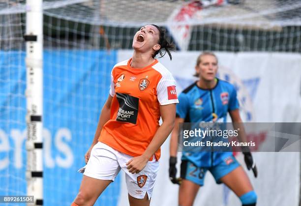 Emily Gielnik of the Roar shows her frustration after missing a shot at goal during the round seven W-League match between the Brisbane Roar and the...