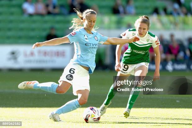 Aivi Luik of Melbourne City passes the ball during the round seven W-League match between Melbourne City and Canberra United at AAMI Park on December...