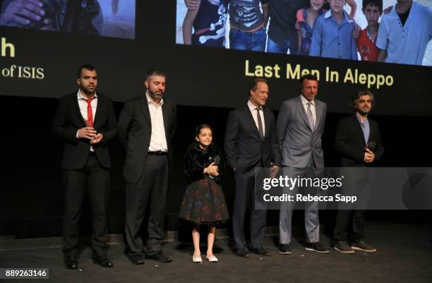 Hamoud Al-Mousa, Evgeny Afineevsky, Bana al-Abed, Sebastian Junger, Nick Quested and Firas Fayyad at the 33rd Annual IDA Documentary Awards at...