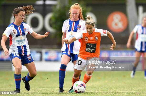 Katrina-Lee Gorry of the Roar breaks away from the defence during the round seven W-League match between the Brisbane Roar and the Newcastle jets at...