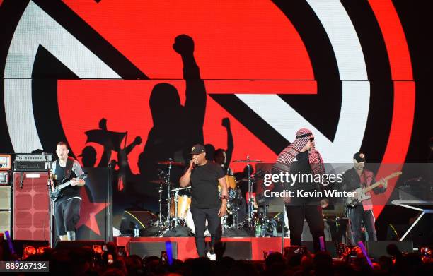 Tim Commerford, Chuck D, B-Real, Brad Wilk, B-Real and Tom Morello of Prophets of Rage perform onstage during KROQ Almost Acoustic Christmas 2017 at...