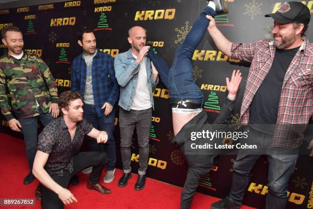 Tim McIlrath, Mike Kerr, Joe Principe, Zach Blair, Ben Thatcher and Brandon Barne of Rise Against and Royal Blood pose in the press room at KROQ...