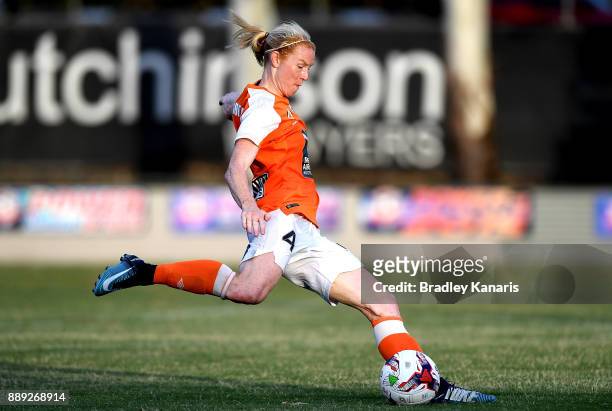 Clare Polkinghorne of the Roar kicks the ball during the round seven W-League match between the Brisbane Roar and the Newcastle jets at AJ Kelly...