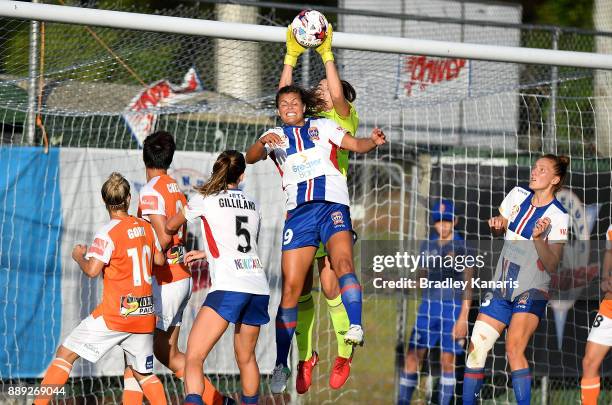 Mackenzie Arnold of the Roar saves a goal during the round seven W-League match between the Brisbane Roar and the Newcastle jets at AJ Kelly Reserve...