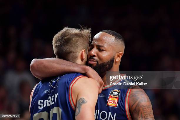 Nathan Sobey of the Adelaide 36ers celebrates with Matthew Hodgson of the Adelaide 36ers after the final siren during the round nine NBL match...