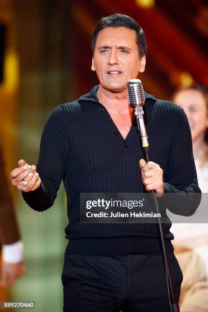 Dany Brillant performs on stage during the 31st France Television Telethon at Pavillon Baltard on December 9, 2017 in Nogent-sur-Marne, France.