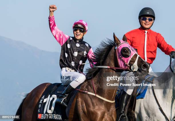 Jockey Derek K C Leung riding Beauty Generation wins in the Longines Hong Kong Mile during the Longines Hong Kong International Races at Sha Tin...