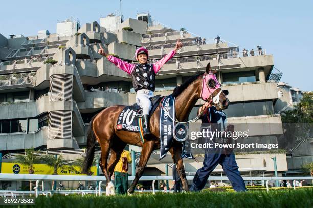 Jockey Derek K C Leung riding Beauty Generation wins the Longines Hong Kong Mile during the Longines Hong Kong International Races at Sha Tin...