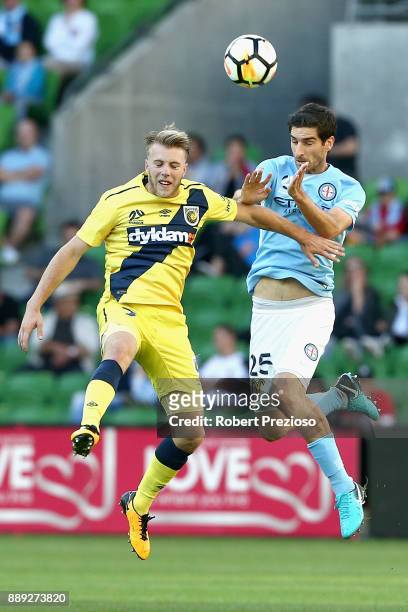 Iacopo La Rocca of Melbourne City FC heads ball during the round 10 A-League match between Melbourne City FC and the Central Coast Mariners at AAMI...