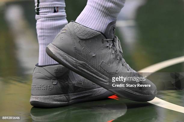 Detailed view of the Nike sneakers worn by Giannis Antetokounmpo of the Milwaukee Bucks during a game against the Detroit Pistons at the Bradley...