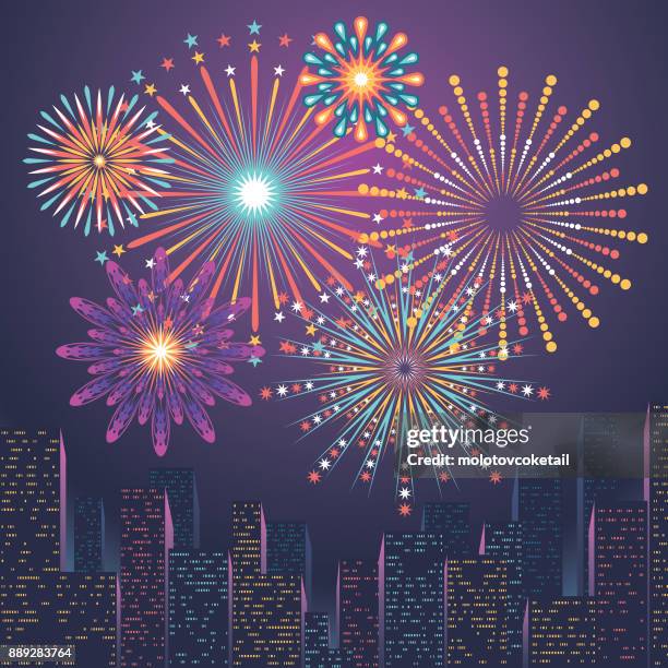 city skyline with firework display - malaysia skyline stock illustrations