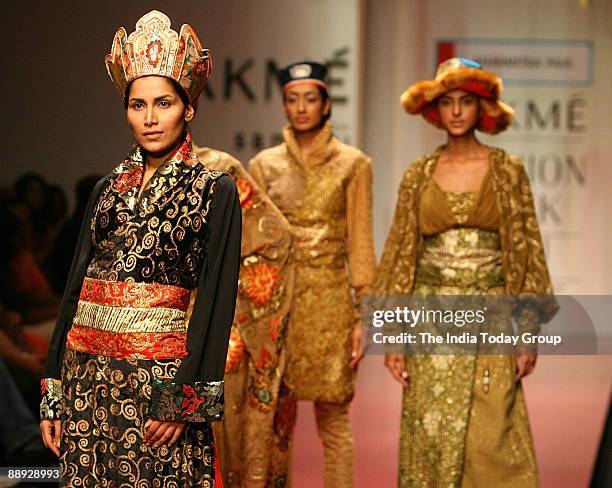 Models are walking on the ramp with Agnimitra Paul outfit at Lakme India Fashion Week-2007 in Mumbai, Maharashtra, India