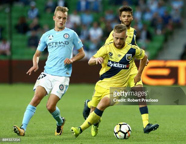 Connor Pain of Central Coast Mariners controls the ball during the round 10 A-League match between Melbourne City FC and the Central Coast Mariners...
