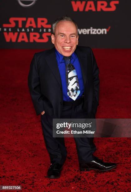 Actor Warwick Davis attends the premiere of Disney Pictures and Lucasfilm's "Star Wars: The Last Jedi" at The Shrine Auditorium on December 9, 2017...