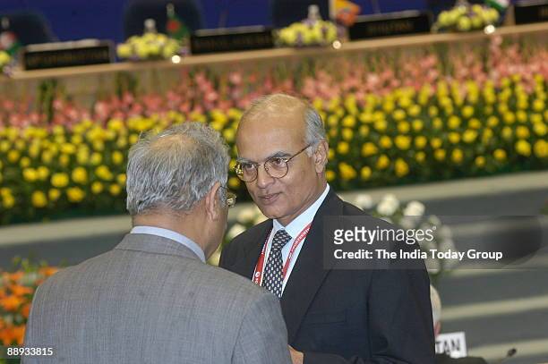 Indian Foreign Secretary Shivshankar Menon talking with Pakistan Foreign Secretary, Riaz Mohammed Khan during the closing ceremony of the 14th South...