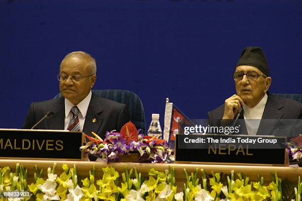 Maldives President Maumoon Abdul Gayoom with Nepal Prime Minister Girija Prasad Koirala at the ceremony of the 14th South Asian Association for...