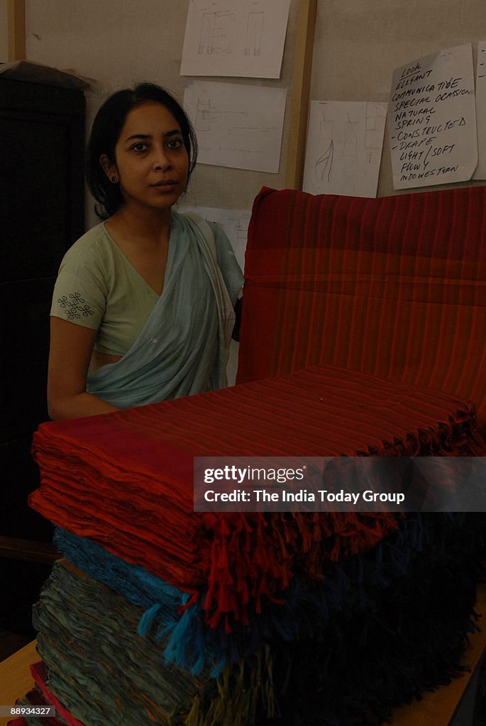 Julie Kagti, textile designer at her residence-cum-workshop in Bangalore, Karnataka, India ( fashion industry for saris, embroidered and shibori-patterned textiles )