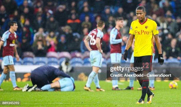 Watford's Marvin Zeegelaar leaves the field after being shown the red card during the Premier League match between Burnley and Watford at Turf Moor...