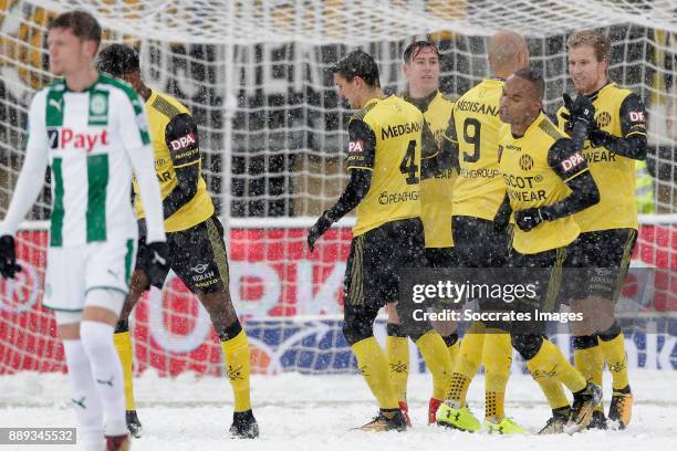 Simon Gustafson of Roda JC celebrates 1-0 with Dani Schahin of Roda JC, Mikhail Rosheuvel of Roda JC during the Dutch Eredivisie match between Roda...