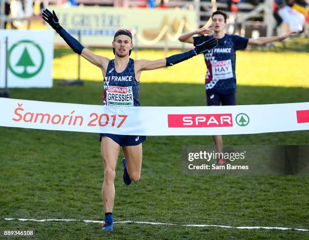 Samorin , Slovakia - 10 December 2017; Jimmy Gressier of France crosses the line to win the U23 Men's event during the European Cross Country...