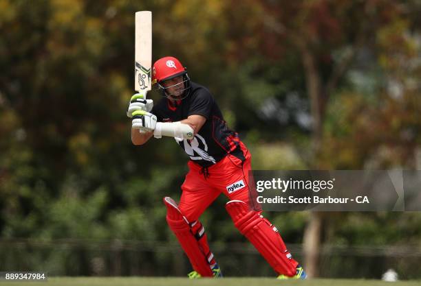 Brad Hodge of the Renegades bats during the practice match during the Melbourne Renegades BBL fan day at Geelong Cricket Ground on December 10, 2017...