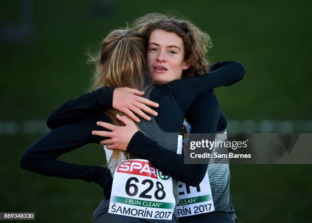 Samorin , Slovakia - 10 December 2017; First and second place race finishers Alina Reh, right, and Konstanze Kloserhalfen of Germany celebrate after...