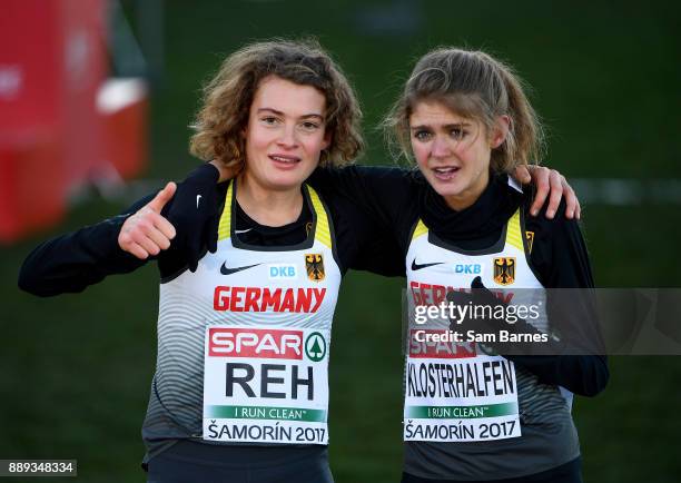 Samorin , Slovakia - 10 December 2017; First and second place race finishers Alina Reh, left, and Konstanze Kloserhalfen of Germany celebrate after...