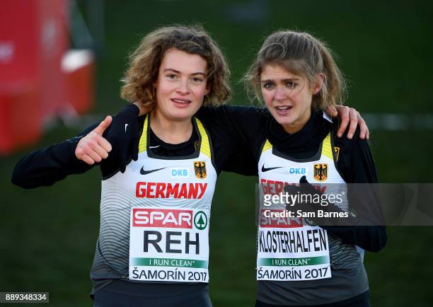Samorin , Slovakia - 10 December 2017; First and second place race finishers Alina Reh, left, and Konstanze Kloserhalfen of Germany celebrate after...