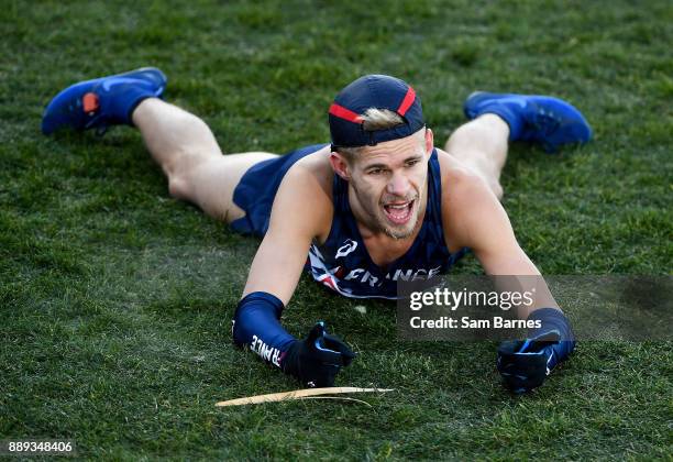 Samorin , Slovakia - 10 December 2017; Jimmy Gressier of France celebrates after winning the U23 Men's event during the European Cross Country...