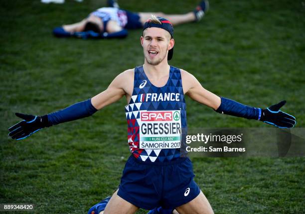 Samorin , Slovakia - 10 December 2017; Jimmy Gressier of France celebrates after winning the U23 Men's event during the European Cross Country...