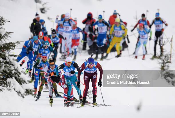 Maxim Tsvetkov of Russian Federation leads the field of the Men's 4x7.5km relay competition of the BMW IBU World Cup Biathlon on December 10, 2017 in...