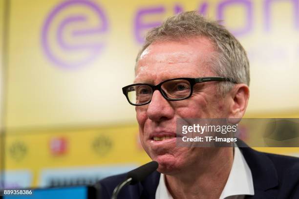 Peter Stoeger is presented as the new head coach of Dortmund during the press conference at Signal Iduna Park on December 10, 2017 in Dortmund,...