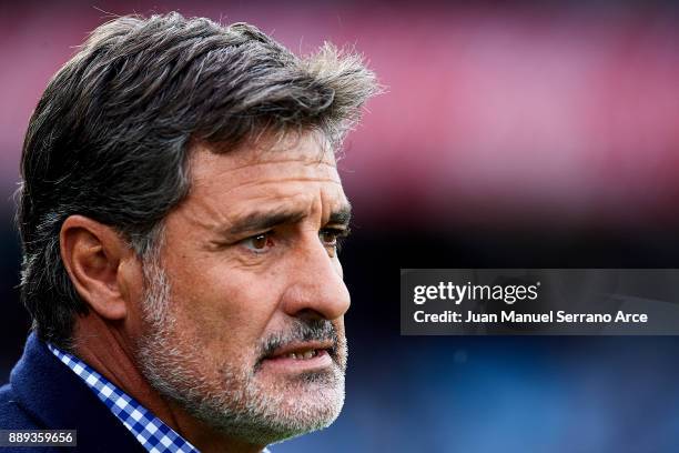 Head Coach of Malaga CF Michel Gonzalez reacts during the La Liga match between Real Sociedad de Futbol and Malaga CF at Estadio Anoeta on December...