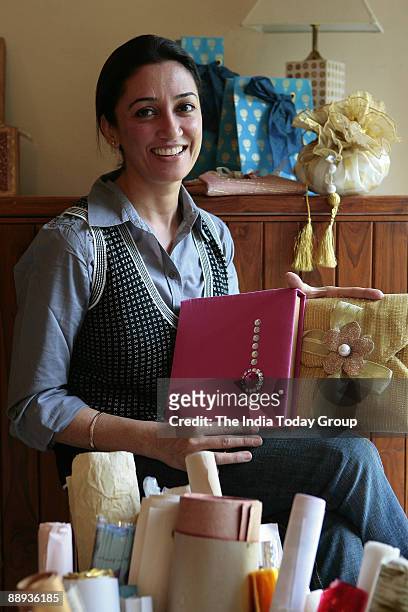 Trousseau Packer Malvika Kapoor poses with her creations at her Studio in Panchkula, India on 7th Nov 2007. Photo Reuben Singh.