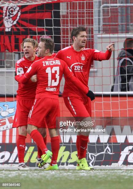 Ronny Koenig of Zwickau celebrates the opening goal with teammates during the 3.Liga match between FSv Zwickau and Hallescher FC at Stadion Zwickau...