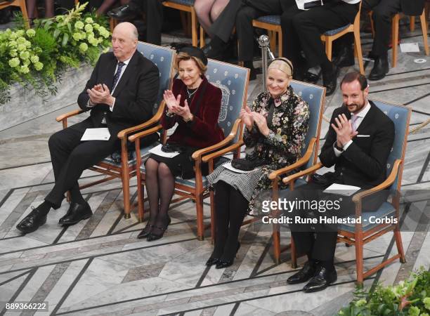 King Harald, Queen Sonja, Crown Princess Mette Marit and Crown Prince Haakon attend the Nobel Peace Prize ceremony at Oslo City Town Hall on December...